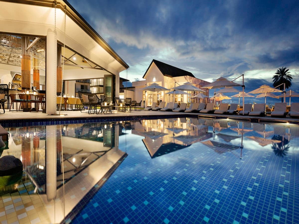 Luxury hotel pool terrace with stonework